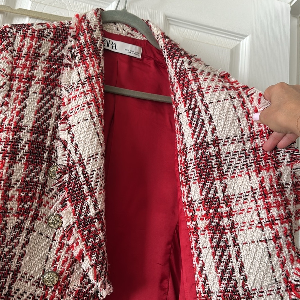 Zara Red, Cream, Black Blazer with Plaid Design and Gold Threading - Picture 6 of 6